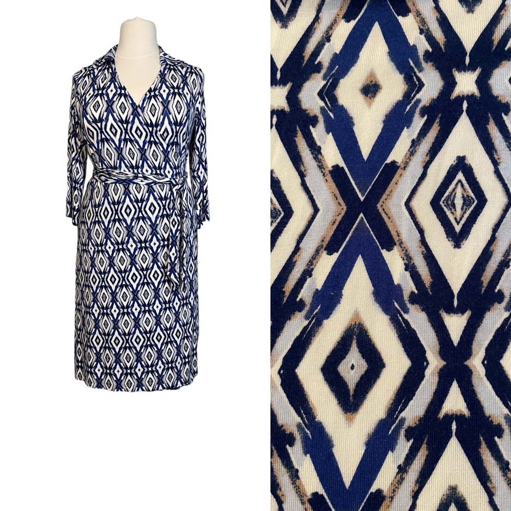 NWT Jessica London 14 Rayon Knit Blue Geo Diamond Print Wrap Dress 107444